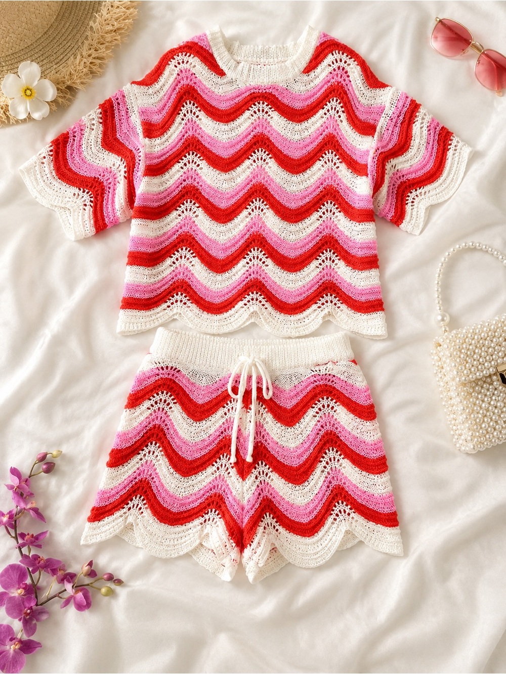 Crochet Wave Knit Two-Piece Set in Red, Pink & White